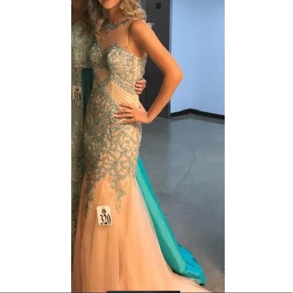 Sparkle Aqua & Tan Mermaid Sleeveless Prom Pageant Gown - Picture 4 of 5